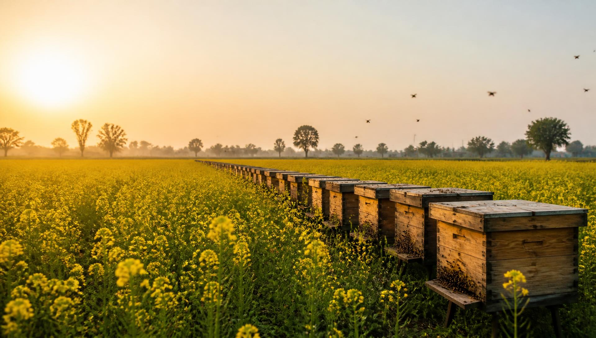 Wooden beehives in a blooming mustard field at golden hour in Punjab