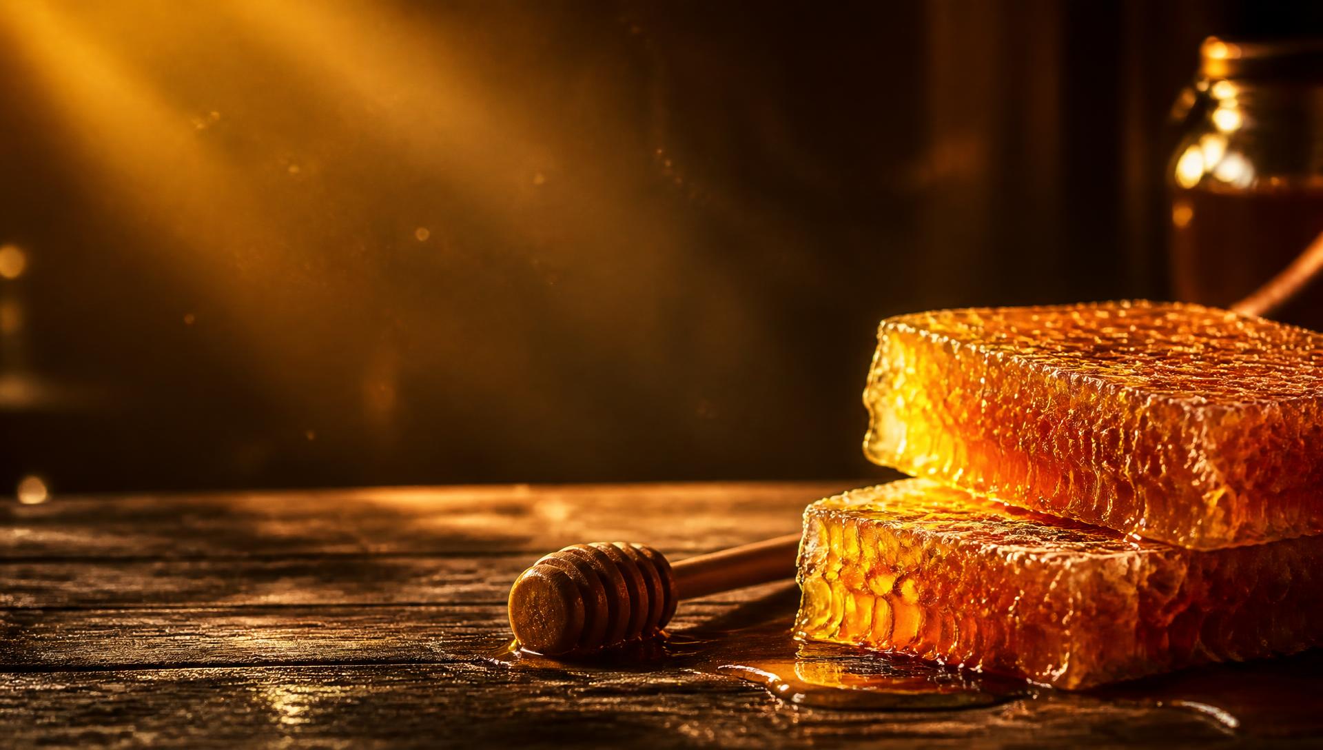 Raw honeycomb slabs dripping with golden honey in warm backlight